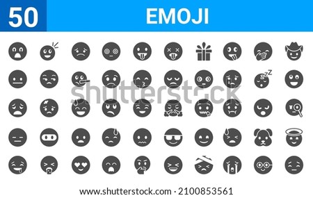 set of 50 emoji web icons. filled glyph icons such as pensive emoji,scared emoji,drool emoji,expressionless emoji,tired emoji,bored emoji,imagine emoji,emoji with steam from e. vector illustration