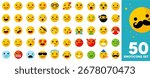 Set of 50 Emoticons, different emoji face expressions, Happy, sad, angry, surprised, funny and more