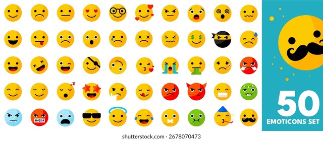 Conjunto de 50 emoticonos, diferentes expresiones de la cara de emoji, feliz, triste, enojado, sorprendido, divertido y más