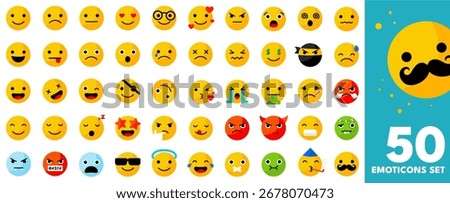 Set of 50 Emoticons, different emoji face expressions, Happy, sad, angry, surprised, funny and more
