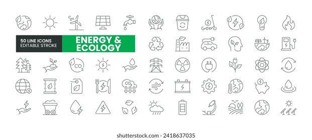 Set of 50 Energy and Ecology line icons set. Energy and Ecology outline icons with editable stroke collection. Includes Ecology, Energy Consumption, Recycle, Think Green, Solar Energy, and More.