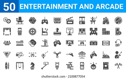 set of 50 entertainment and arcade web icons. filled glyph icons such as racing,eight ball,suroard,billiards,controls,curtain stage,cinema seat,pc game. vector illustration - Shutterstock ID 2100877054