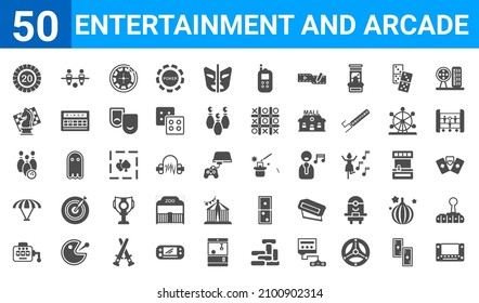 set of 50 entertainment and arcade web icons. filled glyph icons such as switch,token,slot hine,paraplane,bowling,chess,table football,magic cards. vector illustration - Shutterstock ID 2100902314