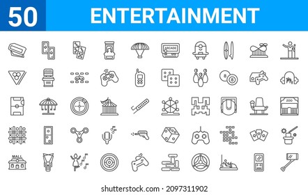 conjunto de 50 iconos web de entretenimiento. iconos de línea delgada de contorno como selfie stick, gafas de realidad virtual, mall,tic tac toe, hockey de aire, billar, as de espadas, rueda de la ferris. ilustración vectorial
