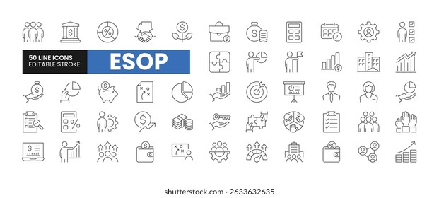 Set of 50 ESOP line icons set. ESOP outline icons with editable stroke collection. Includes Employee, Stock, Ownership, Plan, Management, and More.	