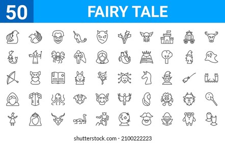 set of 50 fairy tale web icons. outline thin line icons such as antagonist,gryphon,damsel,fairy godmother,bow and arrow,mermaid,phoenix,female medusa. vector illustration