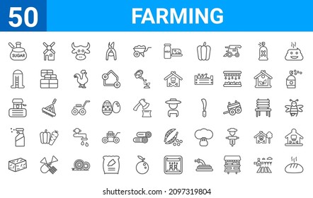 set of 50 farming web icons. outline thin line icons such as bread,sugar,hay bale,sprayer,well,silo,flour mill,farmer. vector illustration