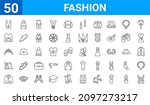 set of 50 fashion web icons. outline thin line icons such as samurai helmet,women sleeveless shirt,leather jacket,diamond precious stone,diadem,sweater with pockets,unisex,tailor. vector