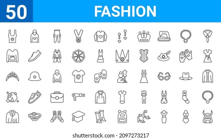 Satz von 50 Mode-Web-Icons. Umrisse dünne Linien Symbole wie Samurai Helm, Frauen-Ärmelhemd, Lederjacke, Diamant Edelstein, Diadem, Pullover mit Taschen, Unisex, Schneider. Vektorgrafik