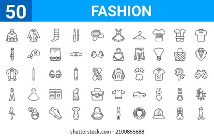 set of 50 fashion web icons. outline thin line icons such as female long black dress,knit hat,tights,elegante,suspenders,stripped tie,lab coat,shoulder bag. vector illustration