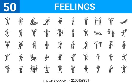 set of 50 feelings web icons. filled glyph icons such as drunk human,free human,hungry human,emotional human,angry human,crazy human,sad human,hurt human. vector illustration