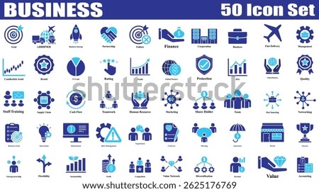 Set of 50 fill icons related to business. Flat Colorful Business icon collection Isolated. Editable Icon for teamwork, leadership, innovation, strategy, planning, vision, growth, success.