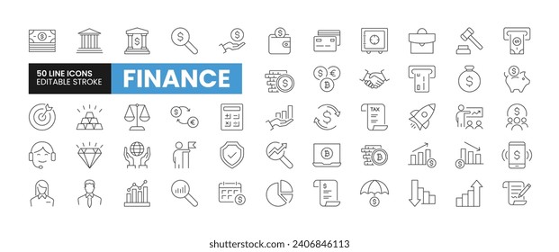 Set of 50 Finance line icons set. Finance outline icons with editable stroke collection. Includes Money, Bank, Savings, Global Business, Tax, and More