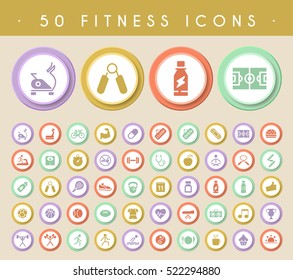 Set of 50 Fitness Icons on Circular Colored Buttons. Vector Isolated Elements.