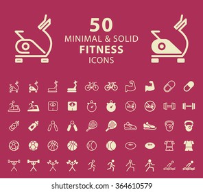 Set of 50 Fitness Minimal and Solid Icons. Vector Isolated Elements.