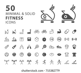 Set of 50 Fitness Minimal and Solid Icons. Vector Isolated Elements