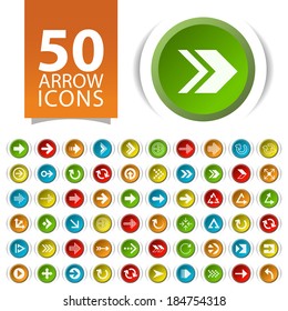 Set of 50 Flat Arrow Icons on Circular Buttons.