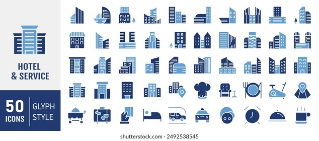 Conjunto de 50 iconos de color plano relacionados con hotel, motel, albergue. Icono de pictograma colección. Ilustración vectorial