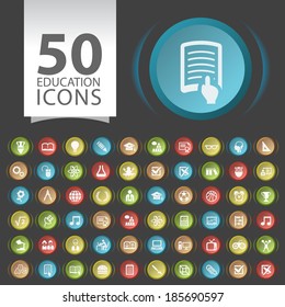 Set of 50 Flat Family Icons on Contemporary Circular Buttons on Black Background.