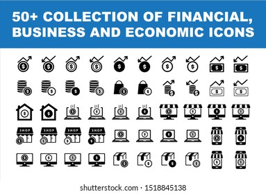 Set of 50 flat icons, for web, internet, mobile applications, courier goods, business, finance, shopping, communication, banking, buying and selling, electronic commerce, computers.