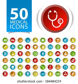Set of 50 Flat Medical Icons on Circular Buttons.