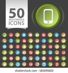 Set of 50 Flat Multimedia Icons on Contemporary Circular Buttons on Black Background.