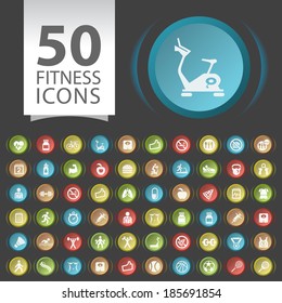 Set of 50 Flat White Fitness Icons on Contemporary Circular Buttons on Black Background.