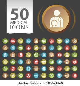 Set of 50 Flat White Medical Icons on Contemporary Circular Buttons on Black Background.