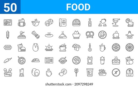 set of 50 food web icons. outline thin line icons such as calories,wonton noodles,organic food,shrimps,hotdog,kebab,sippy cup,mushrooms. vector illustration