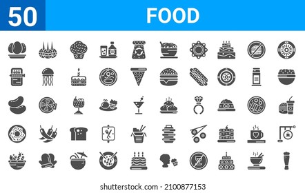 set of 50 food web icons. filled glyph icons such as pint,eggs sillhouettes,healthy food,chote donut,bean,sardines,french,wonton. vector illustration