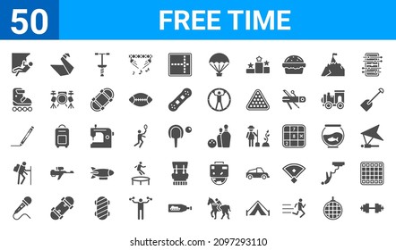 set of 50 free time web icons. filled glyph icons such as dumbell,climb,karaoke,trekking,write,roller,origami,bowling. vector illustration