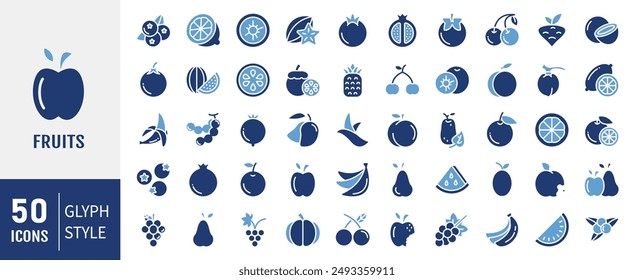 Set of 50 Fruits icon. Solid icons vector collection.