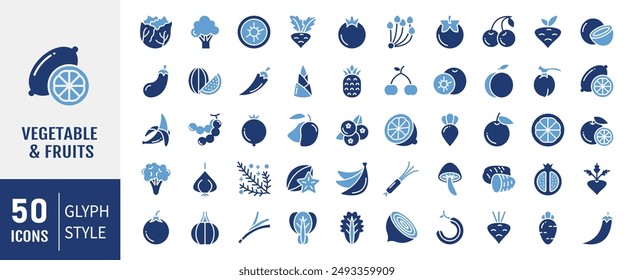 Set of 50 Fruits an Vegetable icon. Editable stroke