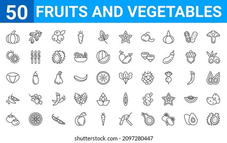 set of 50 fruits and vegetables web icons. outline thin line icons such as dragon fruit,pumpkin,tomato,peas,chestnut,rambutan,olives,lettuce. vector illustration