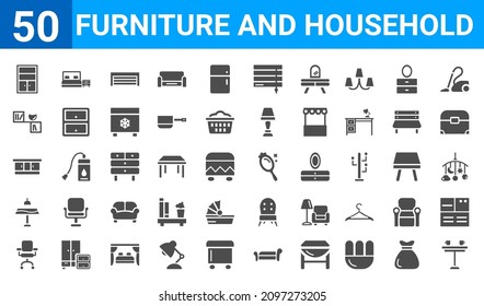 set of 50 furniture and household web icons. filled glyph icons such as coffee table,bookcase,office chair,dinner table,cabinets,wall shelves,bedroom,mirror. vector illustration