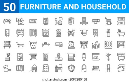 set of 50 furniture and household web icons. outline thin line icons such as linens,couch,small saucepan,night stand,bench,refrigerator,pillows,sump pump. vector illustration