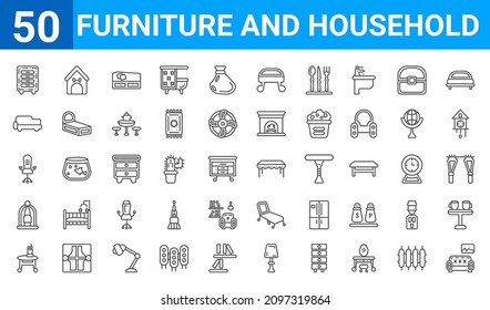 set of 50 furniture and household web icons. outline thin line icons such as kitchen table,chest of drawers,adornment,bird cage,office chair,fainting couch,dog,table linens. vector illustration