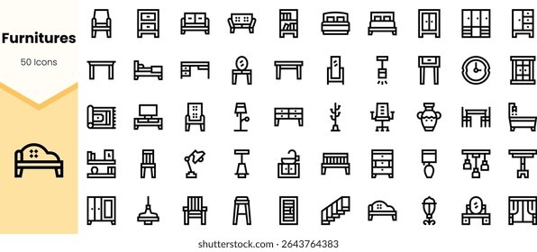 Set of 50 furniture icons featuring various styles and types, including tables, chairs, beds, and cabinets, designed in a minimalist line art style.