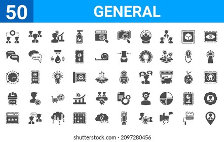 conjunto de 50 iconos web generales. iconos de glifo rellenos como ubicación, subcontratación, phishing de contraseña, referéndum, datos en tiempo real, chat de texto, equipo de proyecto, matryoshka. ilustración vectorial
