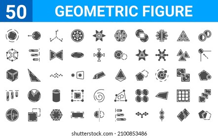 set of 50 geometric figure web icons. filled glyph icons such as intersection,circular,sphere,vertical alignment,side to side of a cube,constraint,sent,tetrahedron. vector illustration