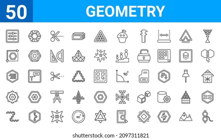 set of 50 geometry web icons. outline thin line icons such as off,adjust,polygonal letter z of small triangles,polygonal ornament of hexagons and triangles,right align,dimensions,dodecahedron,angle.