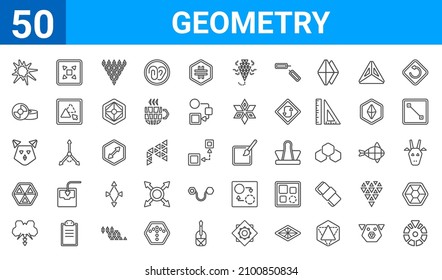 set of 50 geometry web icons. outline thin line icons such as color wheel,explode,polygonal elephant,multiple triangles inside hexagon,polygonal cat,disk,stretch,quick selection. vector illustration