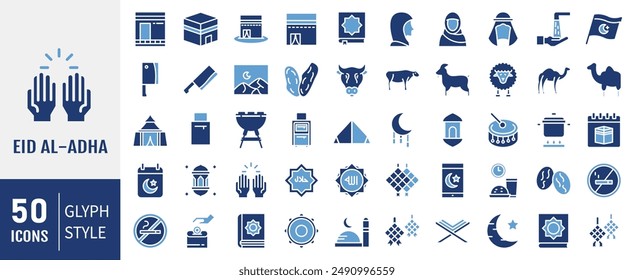 set of 50 glyph eid al adha icons such as clothes, calendar, goat, hajj, card, tambourine, islam, mosque vector glyph icons for web design, mobile app.