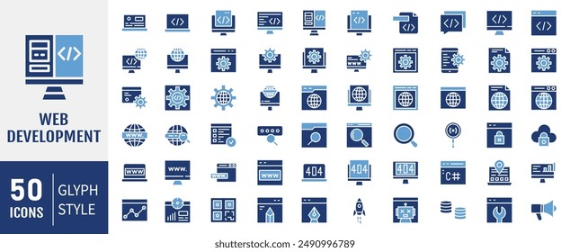 Set of 50 glyph web development icons. Simple glyph style icons pack. Vector illustration