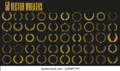 Set of 50 golden vector laurel wreaths on black background. Set of foliate award wreath for cinema festival.Vector illustration.