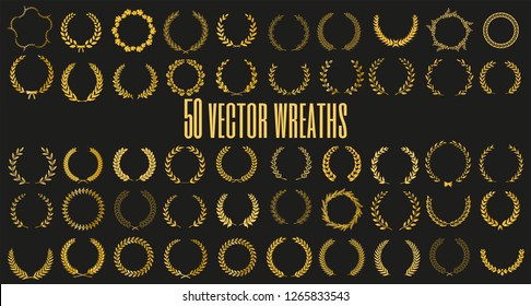 Set of 50 golden vector laurel wreaths on black background. Set of foliate award wreath for film festival.Vector illustration.