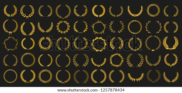 Set of 50 golden vector laurel wreaths on
black background. Set of foliate award wreath for cinema
festival.Vector
illustration.