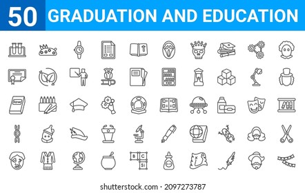 set of 50 graduation and education web icons. outline thin line icons such as garland,test tubes,quasimodo,dna,law,diploma,pencil case,pictures. vector illustration