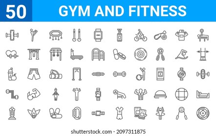 set of 50 gym and fitness web icons. outline thin line icons such as iron shoot,gymnastic roller,boxing mannequin,resistance band,good diet,fitness heart,stretching leg exercise,arms extender.