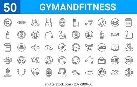 set of 50 gymandfitness web icons. outline thin line icons such as hydratation,treadmill,punching ball,bodybuilder,supplement,boxing bag,athletic strap,lumbar belt. vector illustration